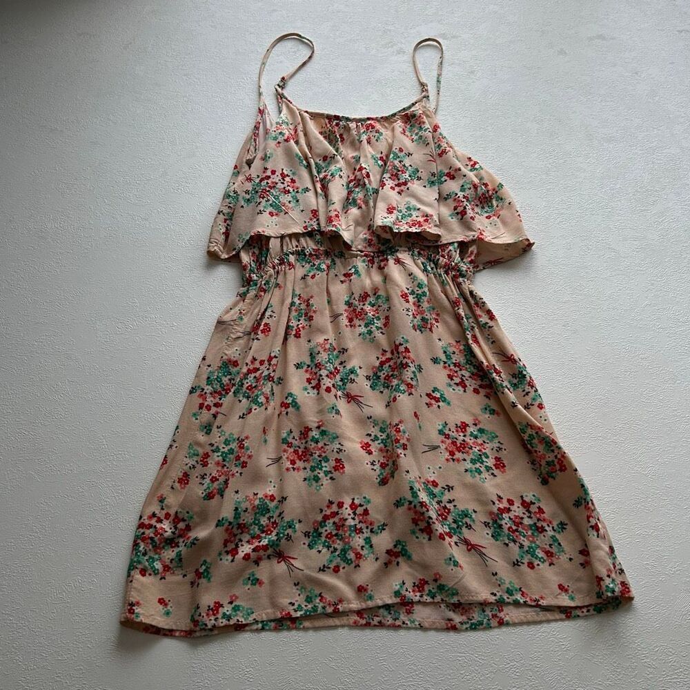 Wet Seal Floral Spaghetti Strap Dress Beige Boho Ruffle Mini Dress Size S